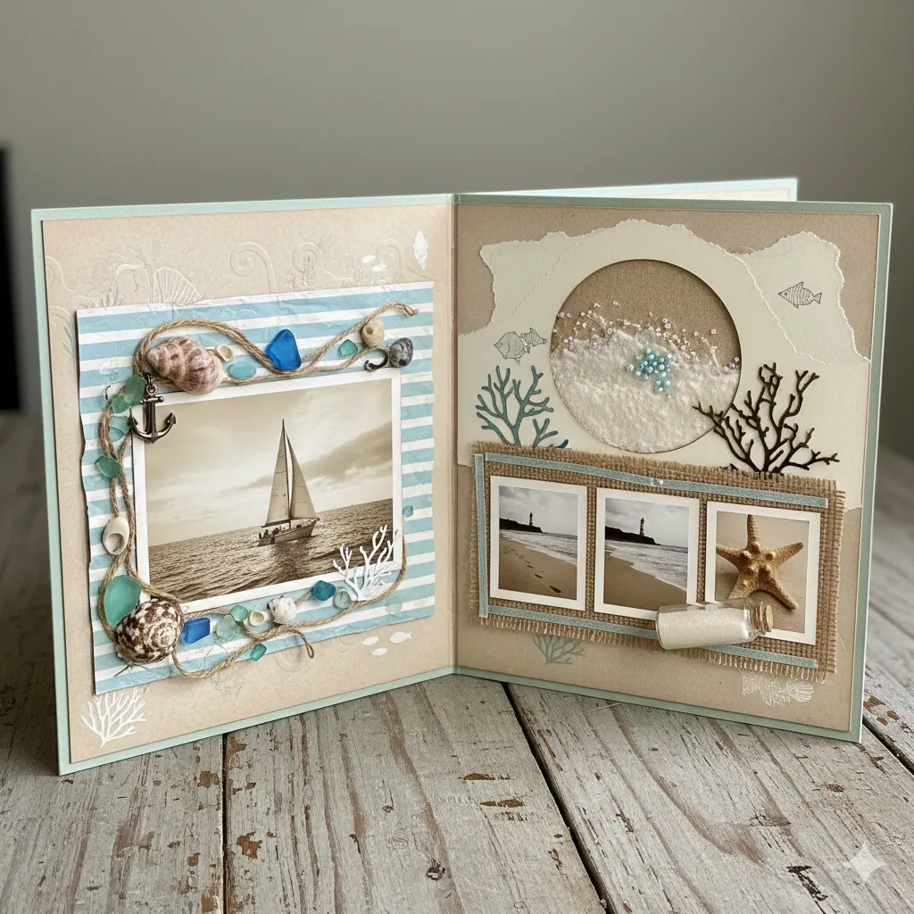 Coastal themed scrapbook layouts with beach elements